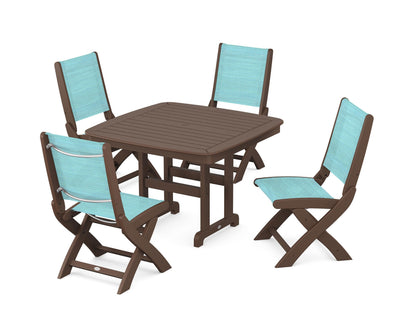 POLYWOOD® Coastal Folding Side Chair 5-Piece Dining Set in Mahogany / Dupioni Aquamarine Sling