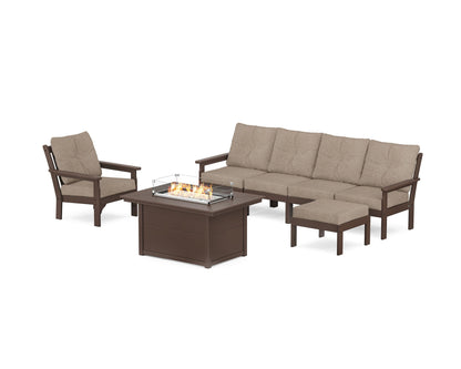 POLYWOOD® Vineyard Sectional Lounge and Fire Pit Set in Mahogany / Spiced Burlap