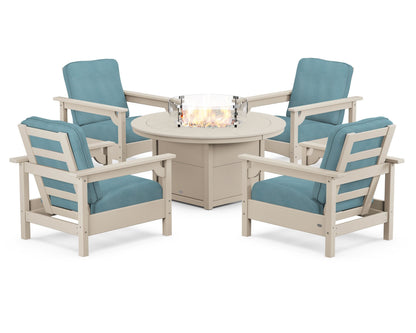POLYWOOD® Club 5-Piece Conversation Set with Fire Pit Table in Sand / Lattice Sky Blue