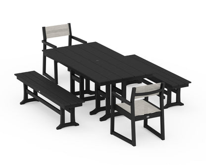 POLYWOOD® EDGE Sling Arm Chair 5-Piece Farmhouse Dining Set with Benches in Black / Birch Sling