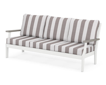POLYWOOD® Braxton Deep Seating Sofa in White / Driftwood / Cabana Stripe Grey Mist