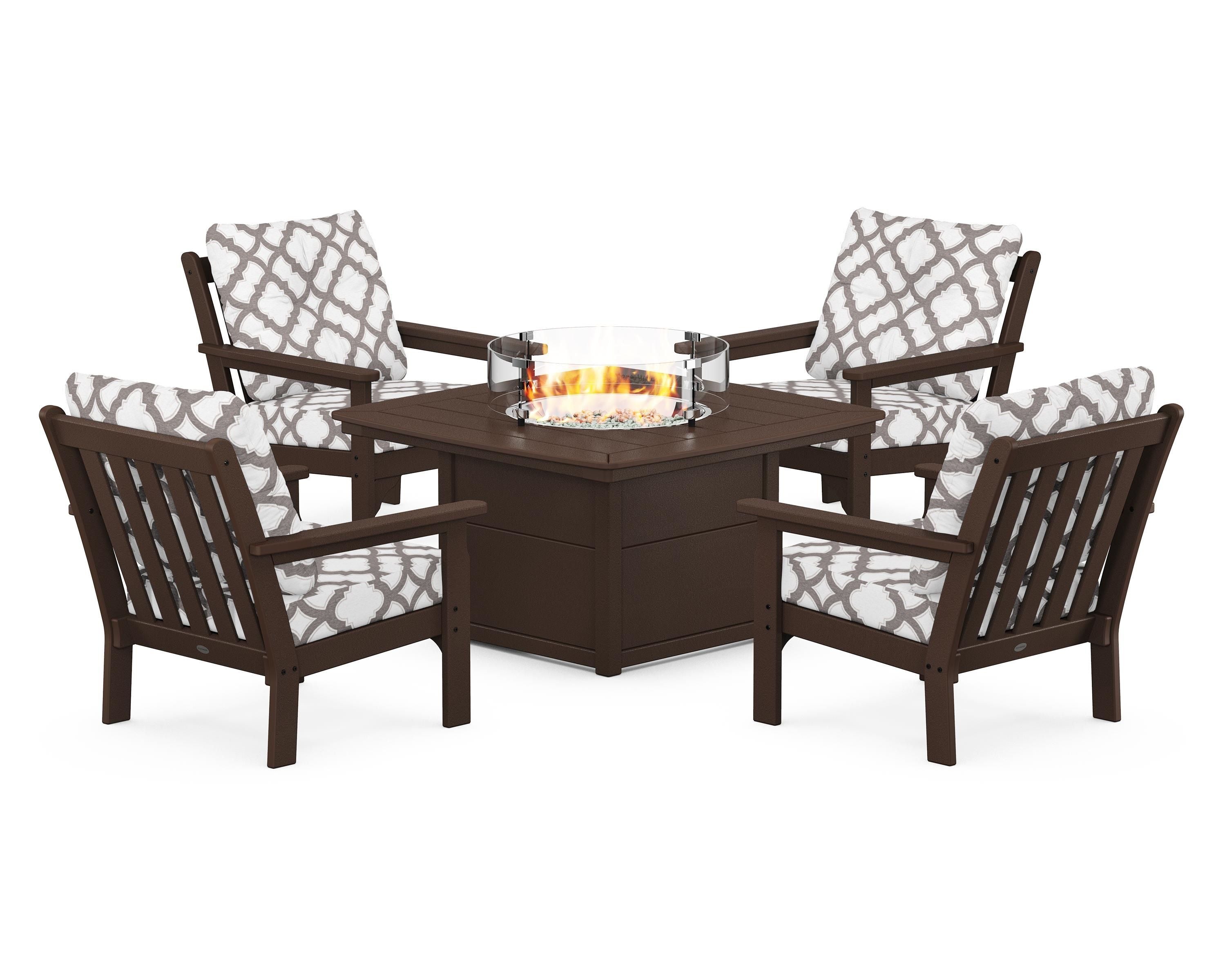 POLYWOOD® Vineyard 5-Piece Conversation Set with Fire Pit Table in Mahogany / Trellis Grey Mist