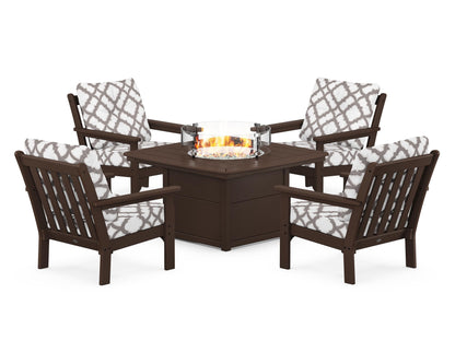 POLYWOOD® Vineyard 5-Piece Conversation Set with Fire Pit Table in Mahogany / Trellis Grey Mist