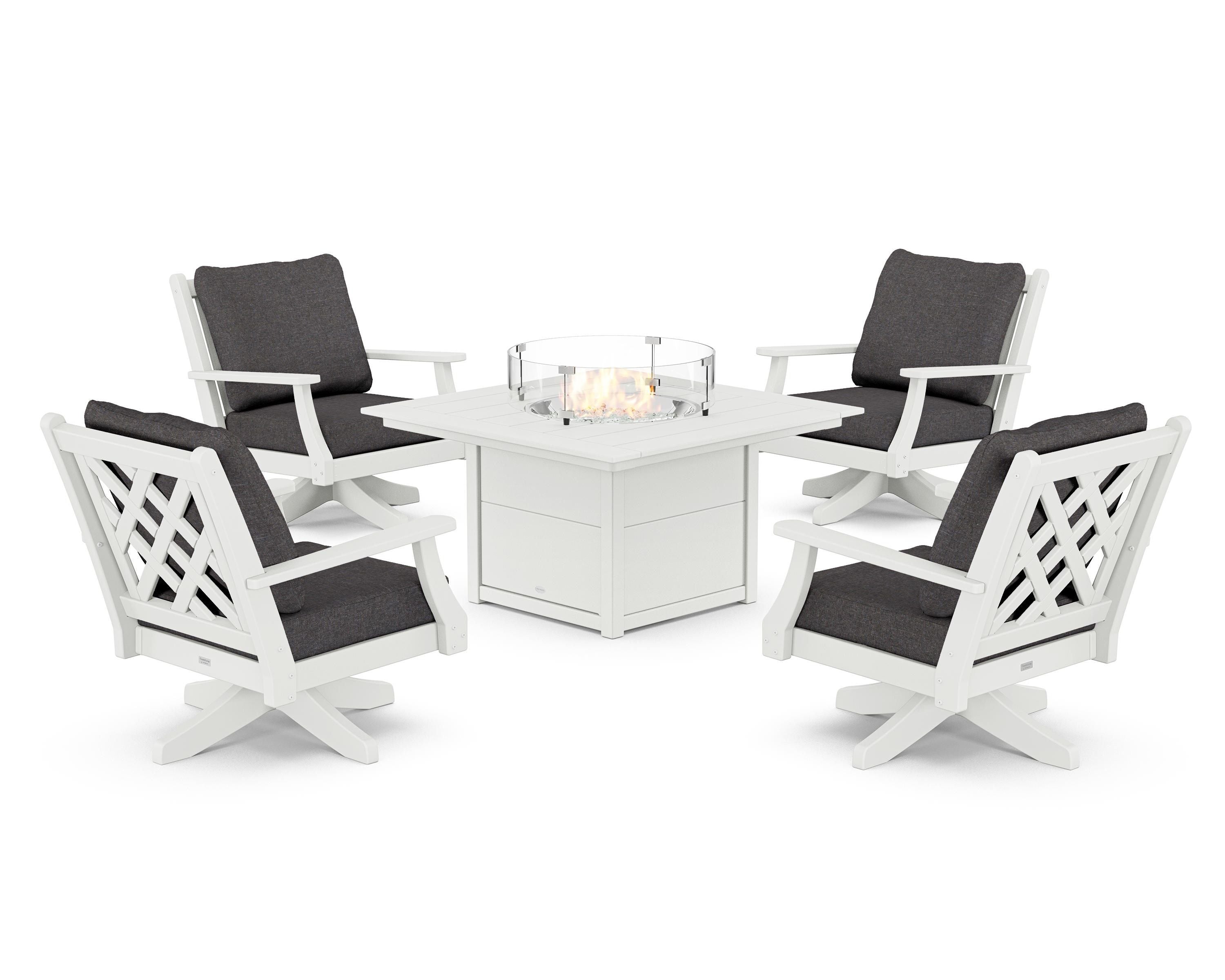 Country Living Wovendale 5-Piece Deep Seating Swivel Conversation Set with Fire Pit Table in White / Ash Charcoal