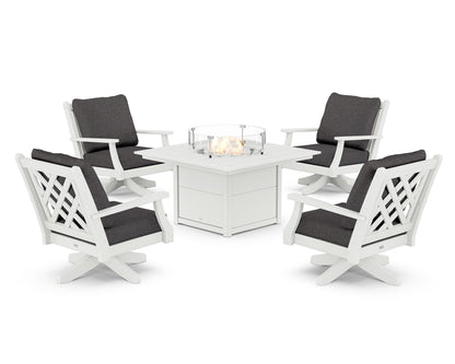 Country Living Wovendale 5-Piece Deep Seating Swivel Conversation Set with Fire Pit Table in White / Ash Charcoal