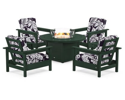 POLYWOOD® Club 5-Piece Conversation Set with Fire Pit Table in Green / Leaf Navy