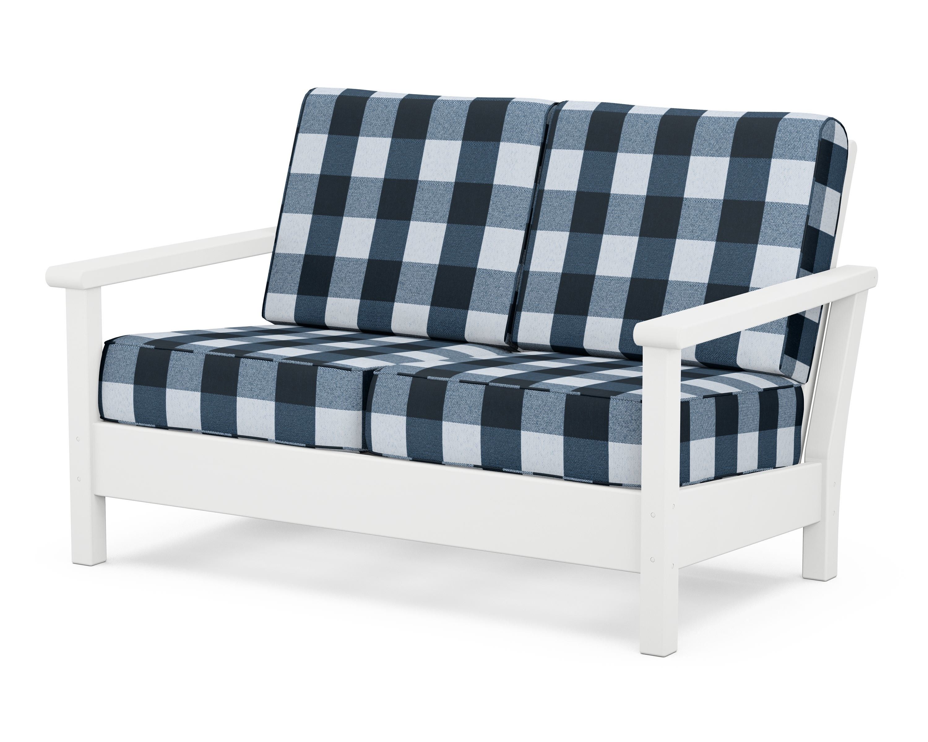 POLYWOOD® Harbour Deep Seating Loveseat in White / Buffalo Plaid Marine Indigo