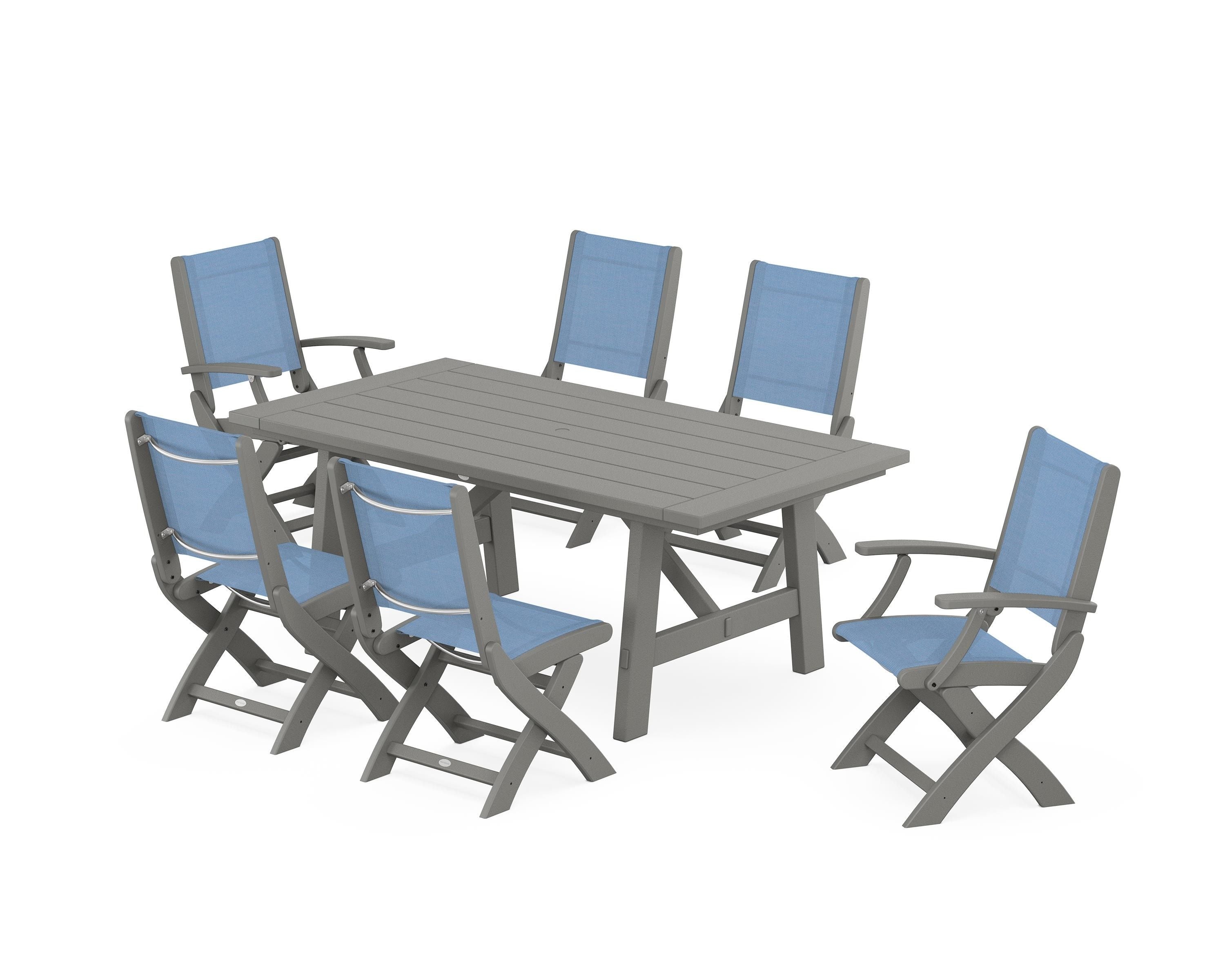 POLYWOOD® Coastal Folding Chair 7-Piece Rustic Farmhouse Dining Set in Slate Grey / Poolside Sling
