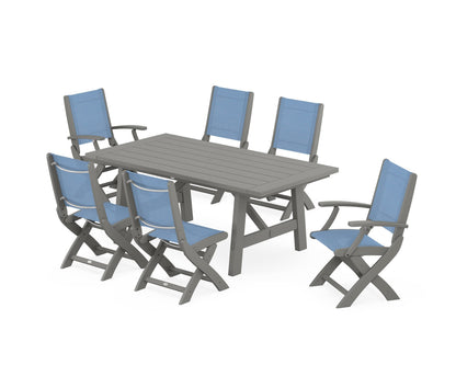 POLYWOOD® Coastal Folding Chair 7-Piece Rustic Farmhouse Dining Set in Slate Grey / Poolside Sling