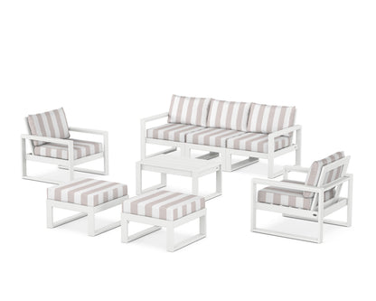POLYWOOD® EDGE Sectional 8-Piece Lounge Sofa Set in White / Cabana Stripe Dune Burlap
