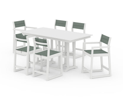 POLYWOOD® EDGE Sling 7-Piece Farmhouse Counter Set with Trestle Legs in White / Dupioni Sea Mist Sling