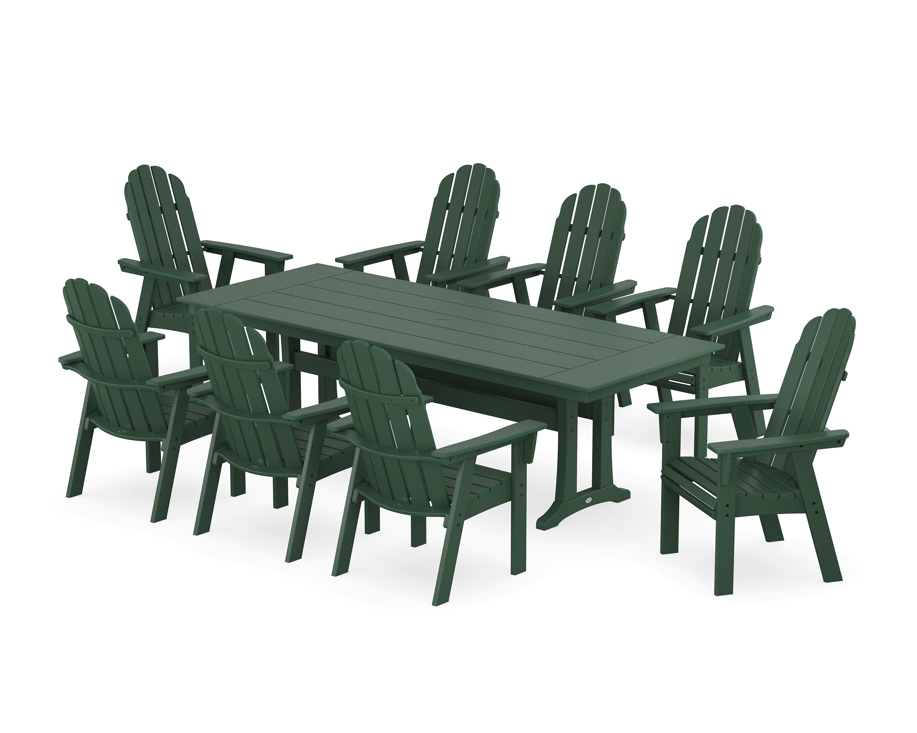 POLYWOOD® Vineyard 9-Piece Curveback Adirondack Farmhouse Dining Set with Trestle Legs in Green