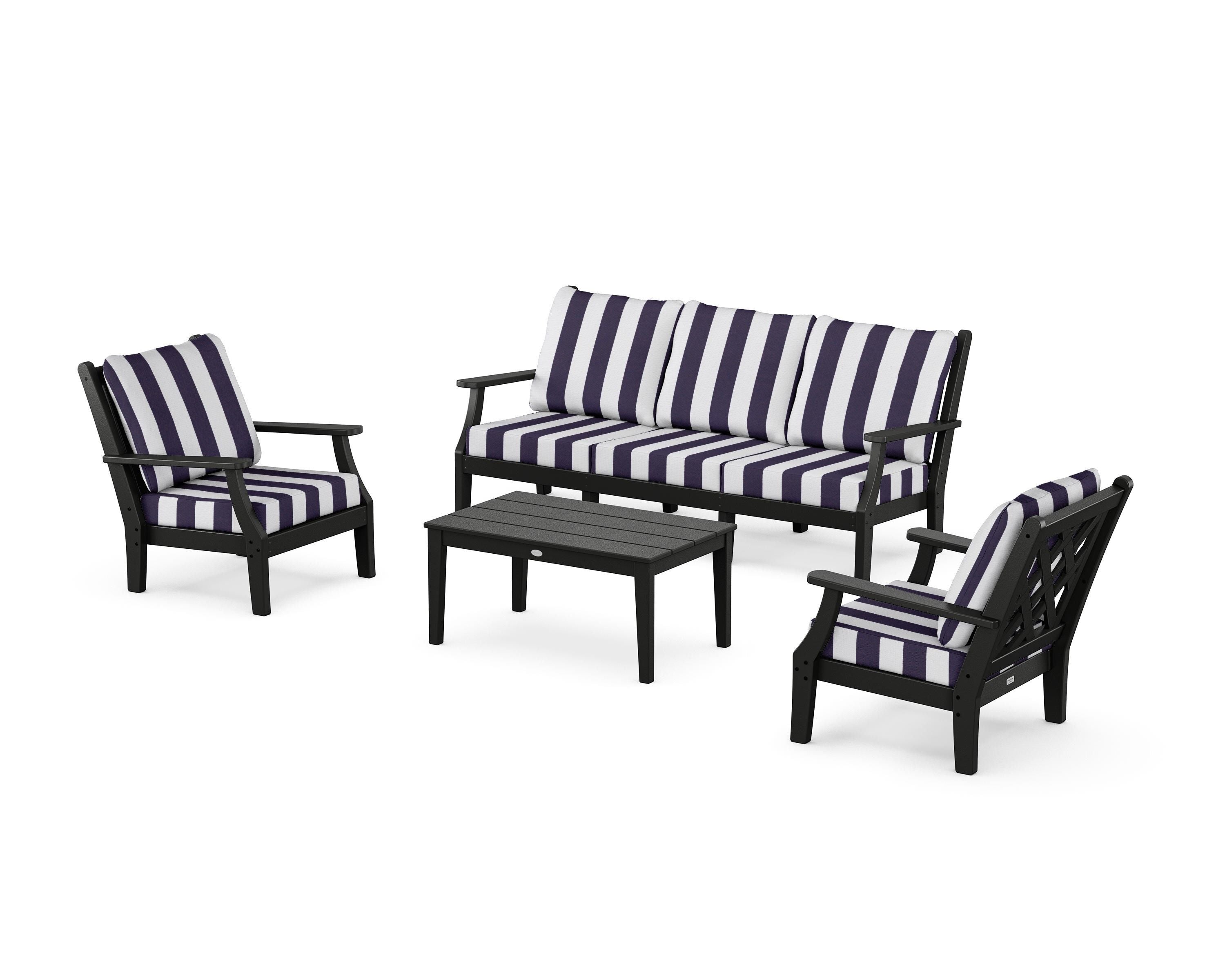 Country Living Wovendale 4-Piece Deep Seating Set with Sofa in Black / Cabana Stripe Navy