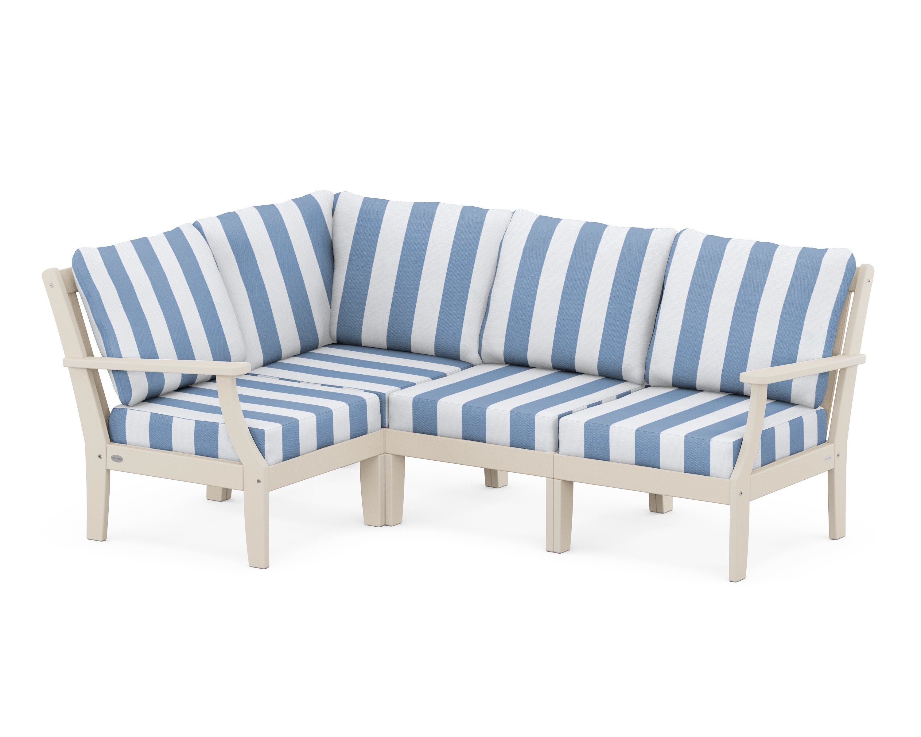 POLYWOOD® Braxton Modular 4-Piece Deep Seating Set in Sand / Cabana Stripe Sky Blue