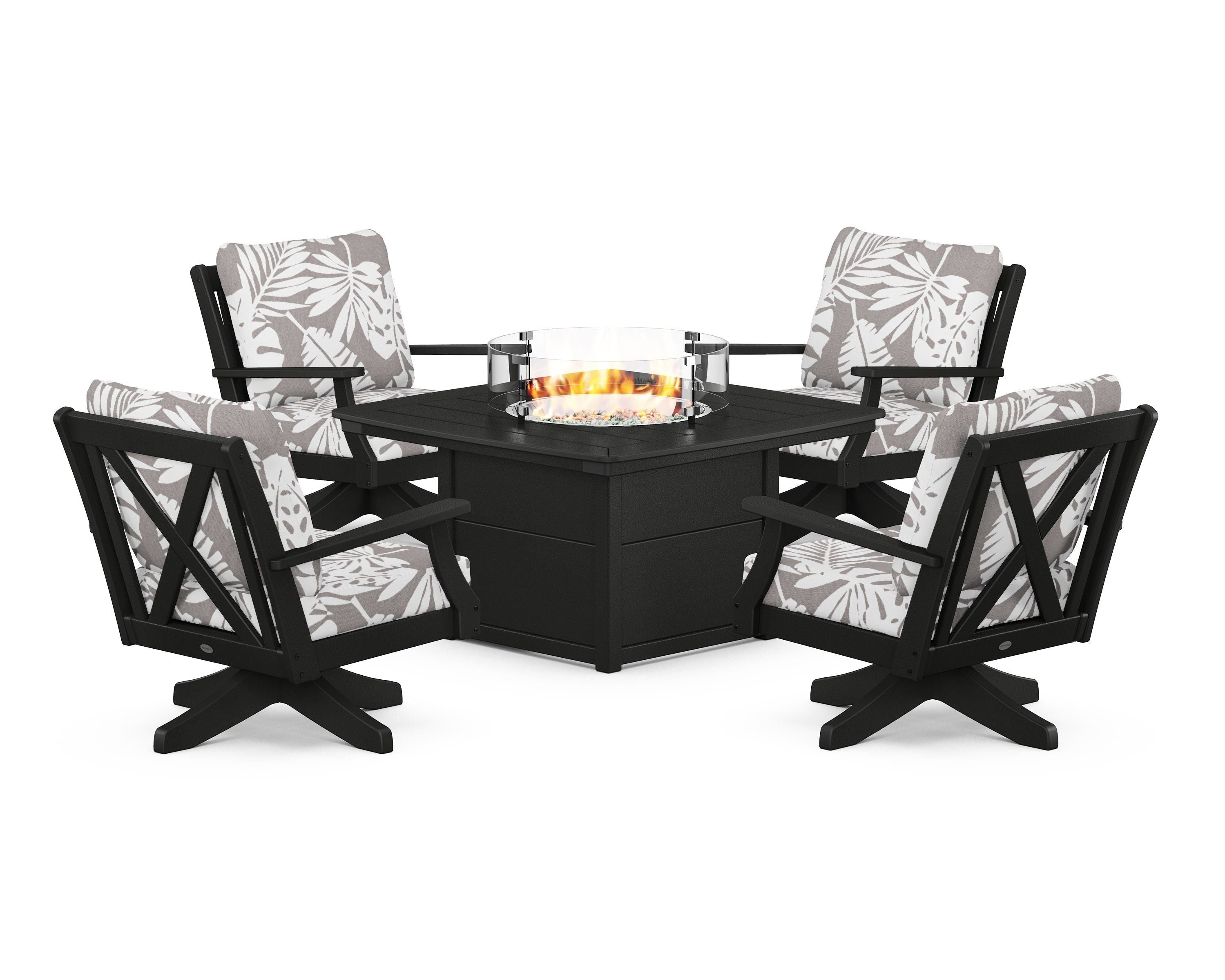 POLYWOOD® Braxton 5-Piece Deep Seating Swivel Conversation Set with Fire Pit Table in Black / Leaf Grey Mist