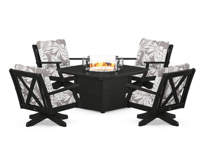 POLYWOOD® Braxton 5-Piece Deep Seating Swivel Conversation Set with Fire Pit Table in Black / Leaf Grey Mist
