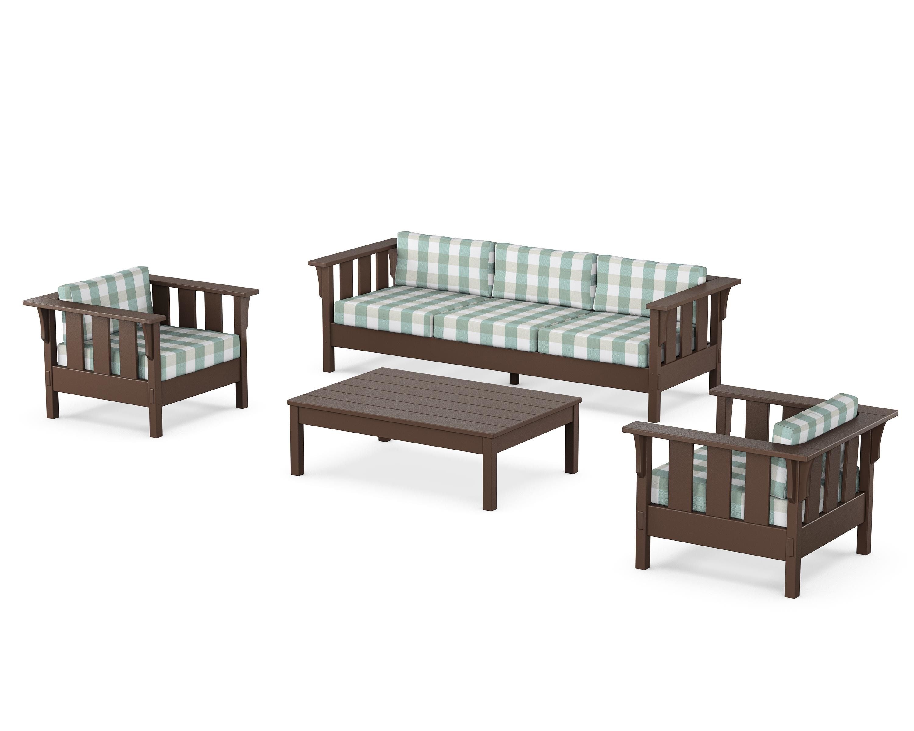 Martha Stewart by POLYWOOD® Acadia 4-Piece Deep Seating Set with Sofa in Mahogany / Buffalo Plaid Glacier Spa
