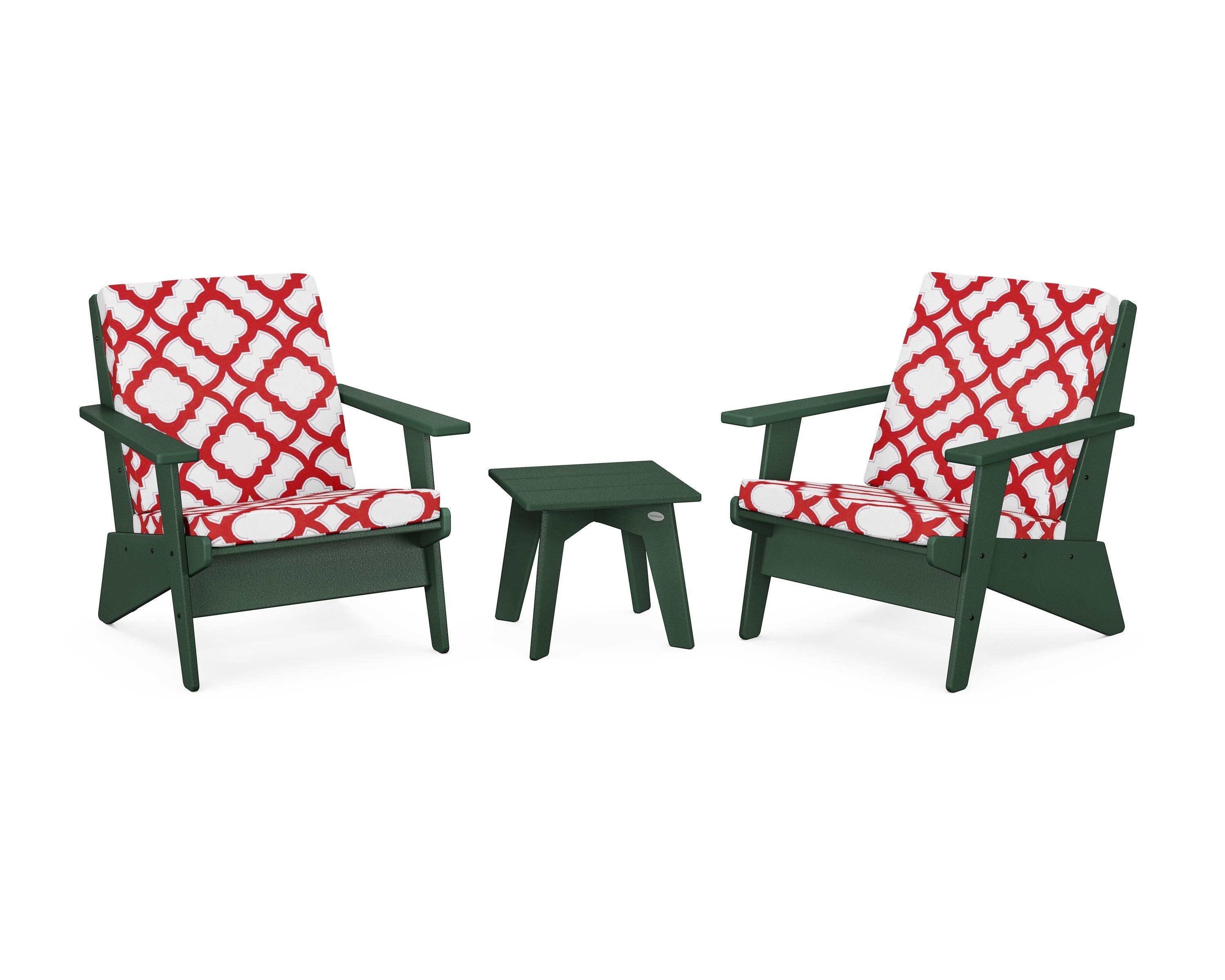 POLYWOOD® Riviera Modern Lounge 3-Piece Set in Green / Trellis Crimson