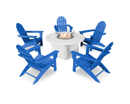 POLYWOOD® Vineyard Adirondack 6-Piece Chat Set with Fire Pit Table in Pacific Blue / White
