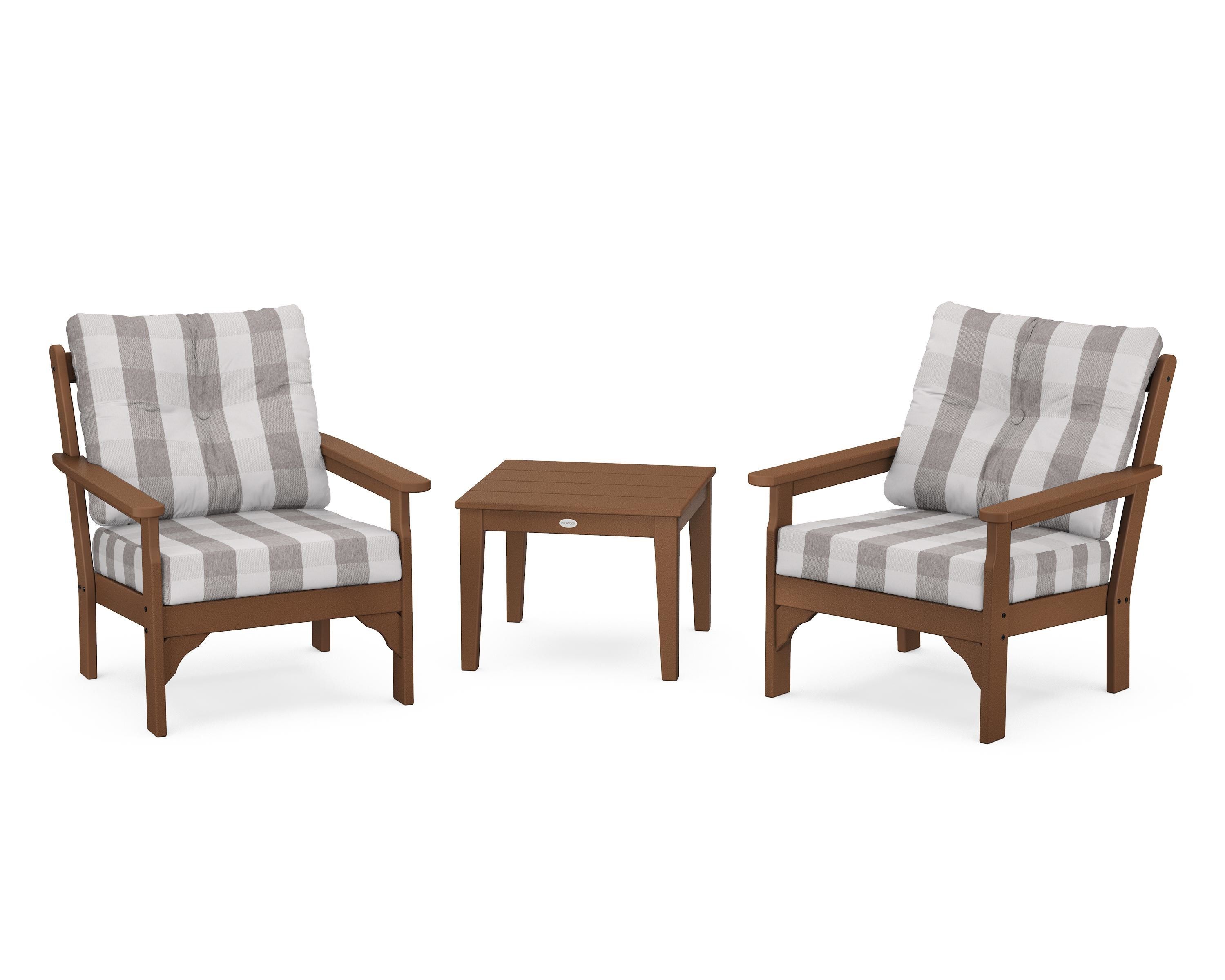 POLYWOOD® Vineyard 3-Piece Deep Seating Set in Teak / Buffalo Plaid Grey Mist