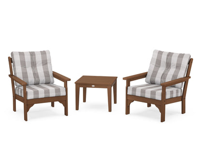 POLYWOOD® Vineyard 3-Piece Deep Seating Set in Teak / Buffalo Plaid Grey Mist