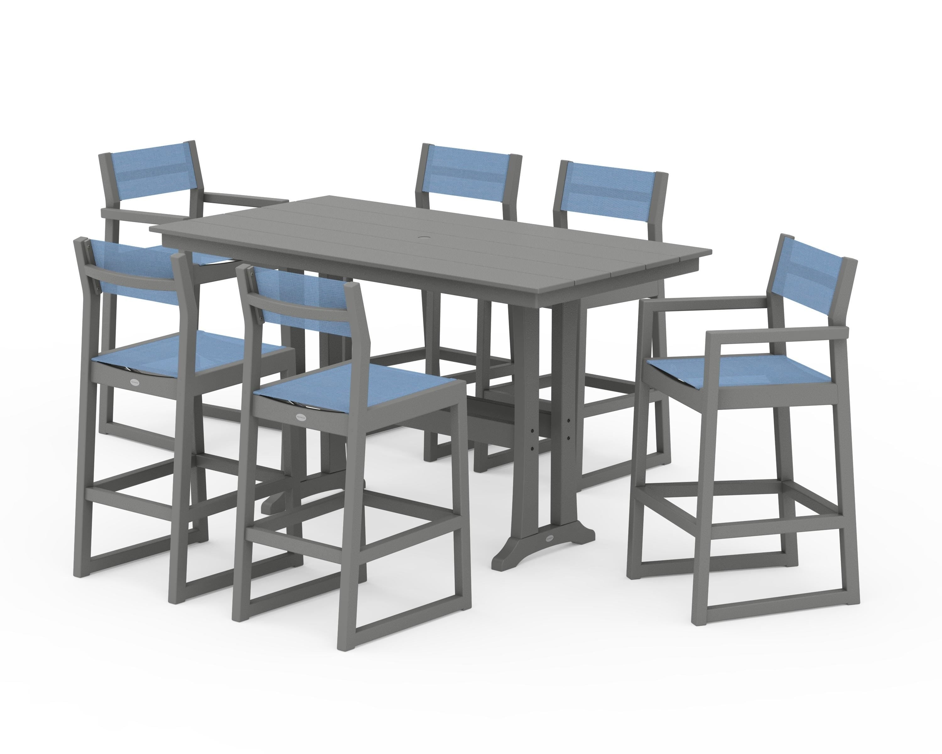 POLYWOOD® EDGE Sling 7-Piece Farmhouse Bar Set with Trestle Legs in Slate Grey / Poolside Sling