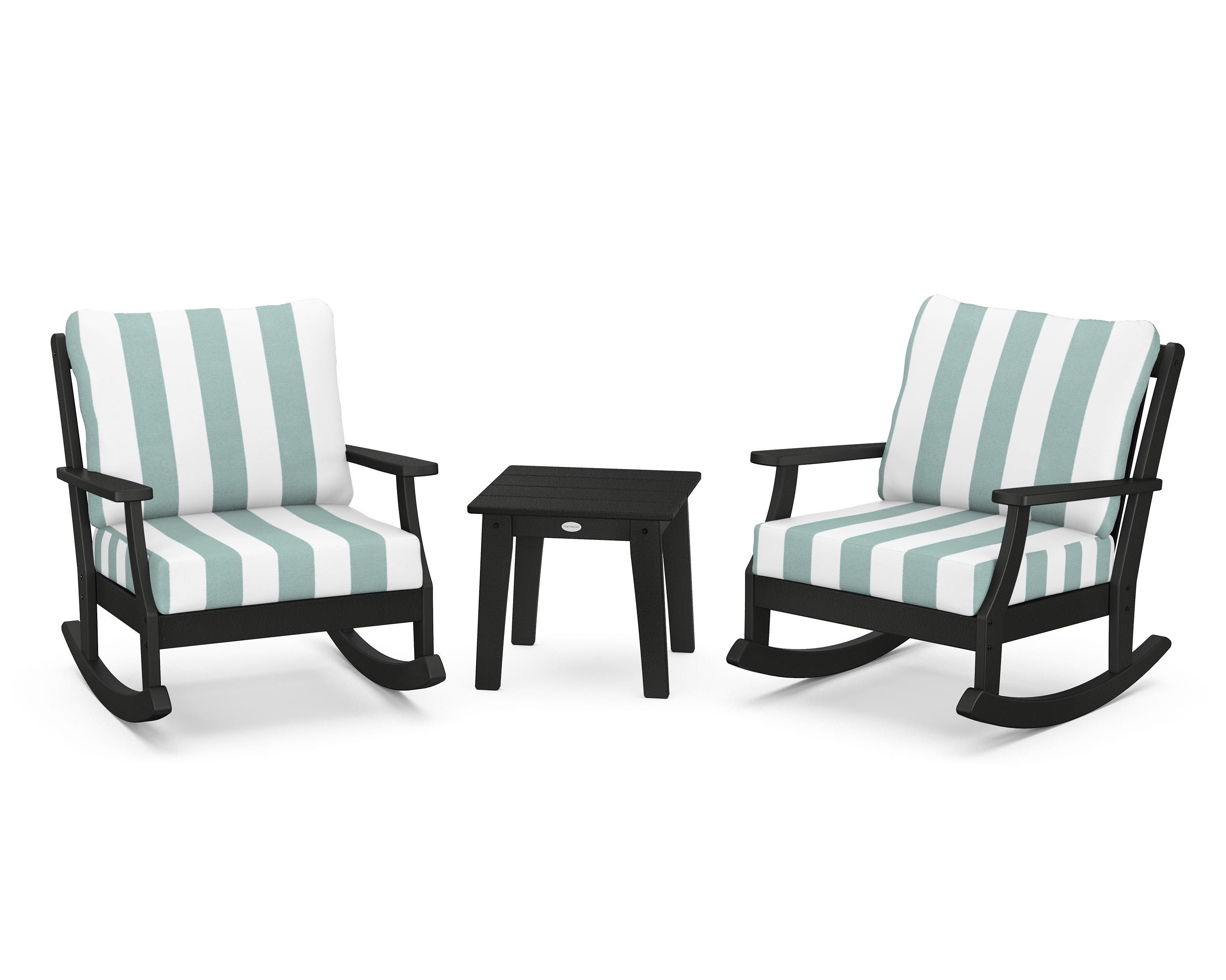 POLYWOOD® Braxton 3-Piece Deep Seating Rocker Set in Black / Cabana Stripe Glacier Spa