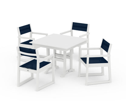 POLYWOOD® EDGE Sling Arm Chair 5-Piece Farmhouse Dining Set in White / Navy Blue Sling