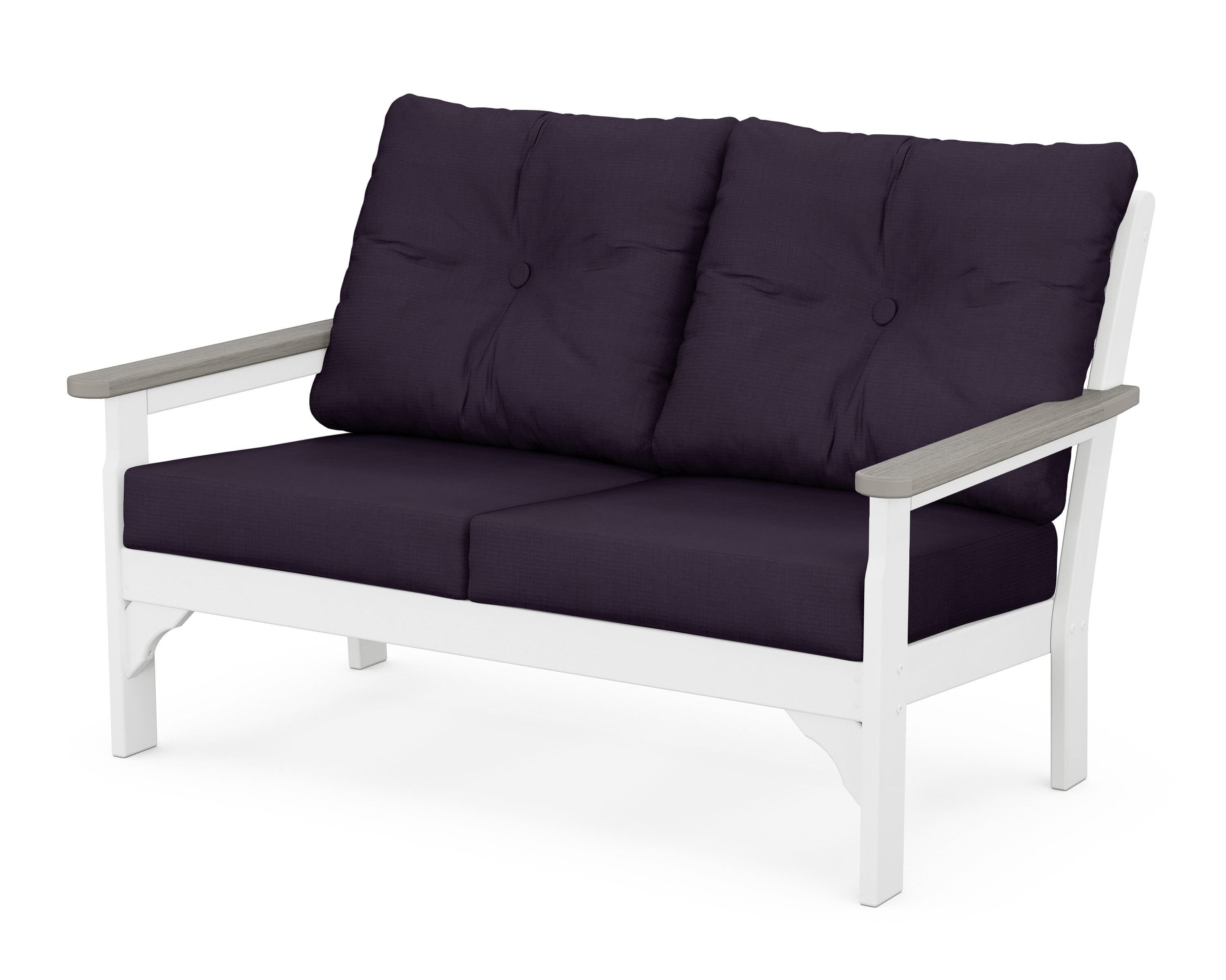 POLYWOOD® Vineyard Deep Seating Loveseat in White / Driftwood / Navy Linen