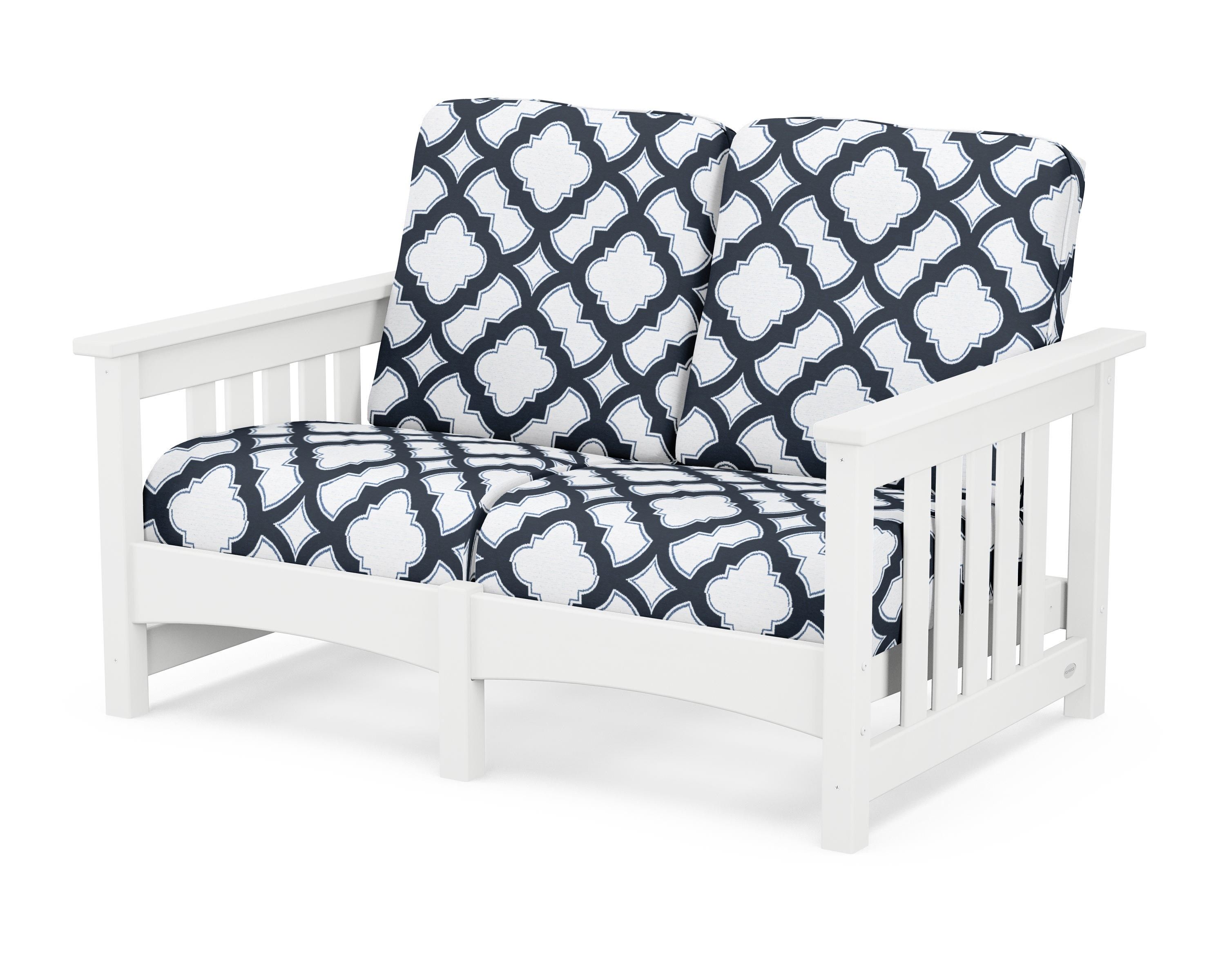 POLYWOOD® Club Mission Loveseat in White / Trellis Marine Indigo