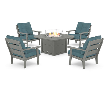 POLYWOOD® Lakeside 5-Piece Deep Seating Set with Nautical Fire Pit Table in Slate Grey / Ocean Teal