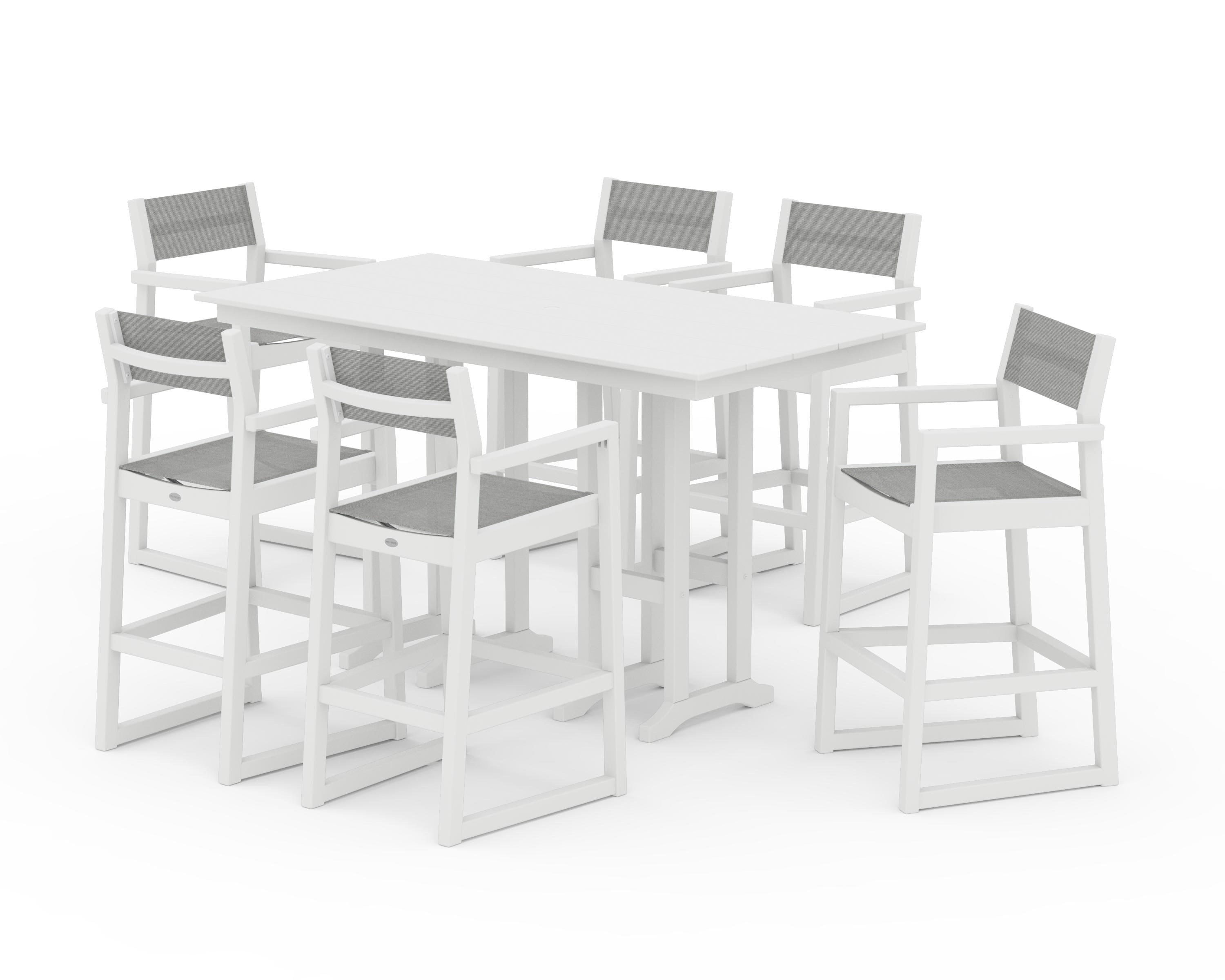 POLYWOOD® EDGE Sling Arm Chair 7-Piece Farmhouse Bar Set in White / Metallic Sling