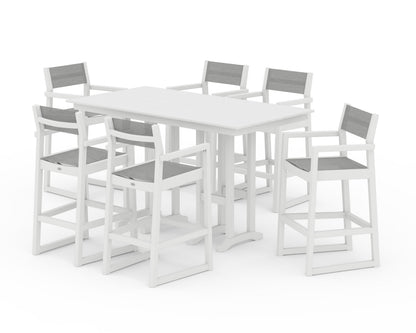 POLYWOOD® EDGE Sling Arm Chair 7-Piece Farmhouse Bar Set in White / Metallic Sling