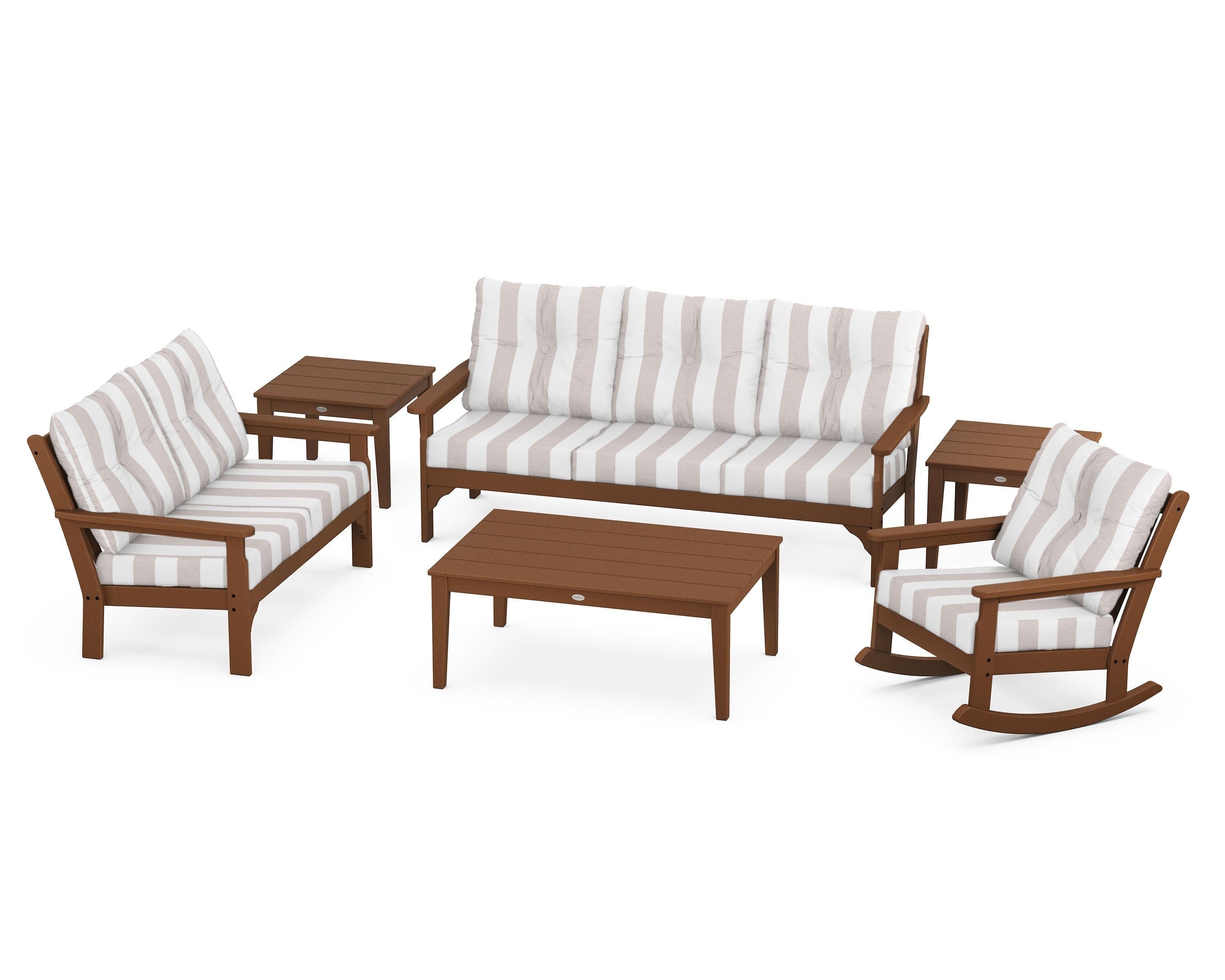 POLYWOOD® Vineyard 6-Piece Deep Seating Set in Teak / Cabana Stripe Dune Burlap