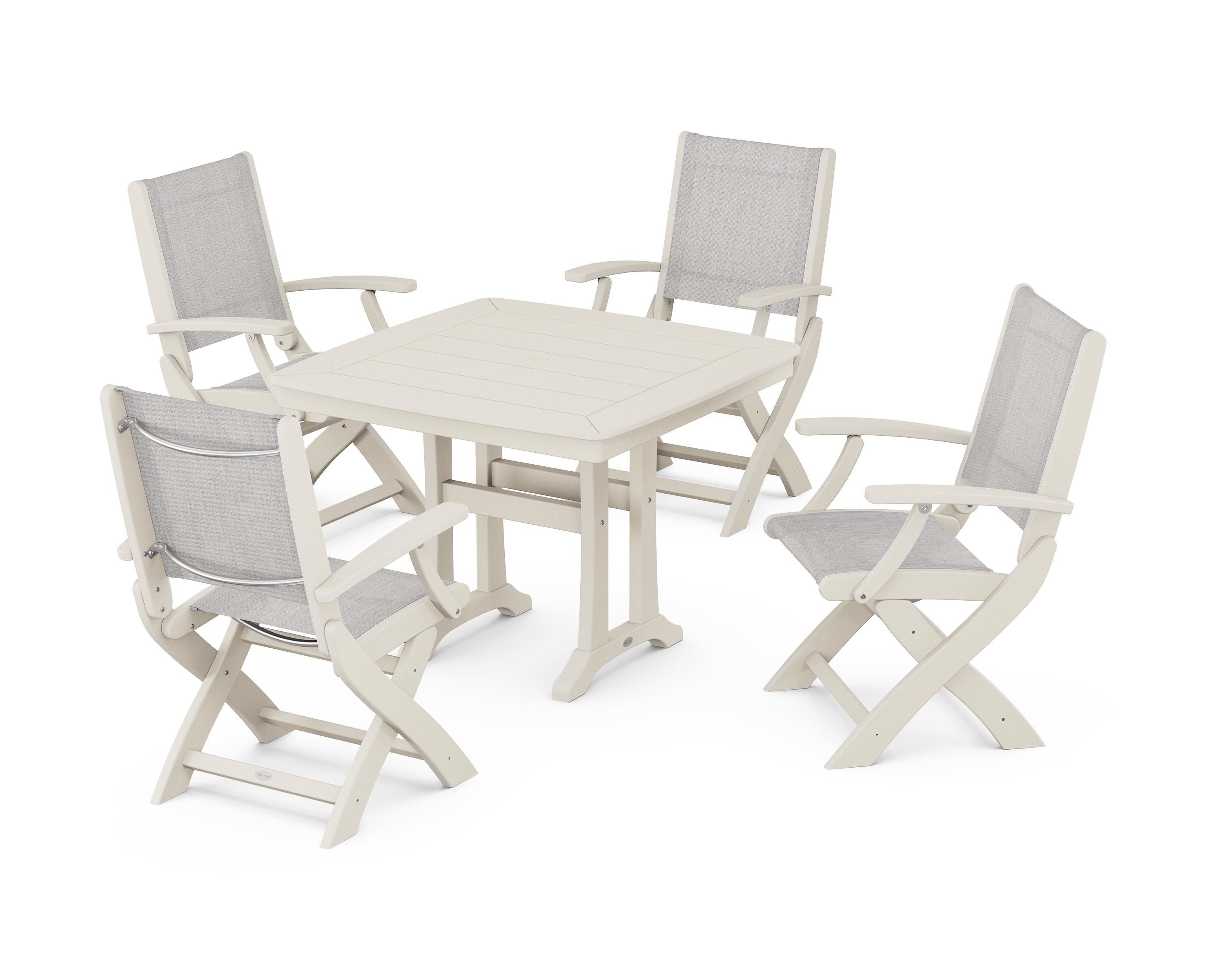 POLYWOOD® Coastal Folding Chair 5-Piece Dining Set with Trestle Legs in Sand / Parchment Sling