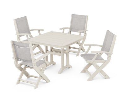 POLYWOOD® Coastal Folding Chair 5-Piece Dining Set with Trestle Legs in Sand / Parchment Sling