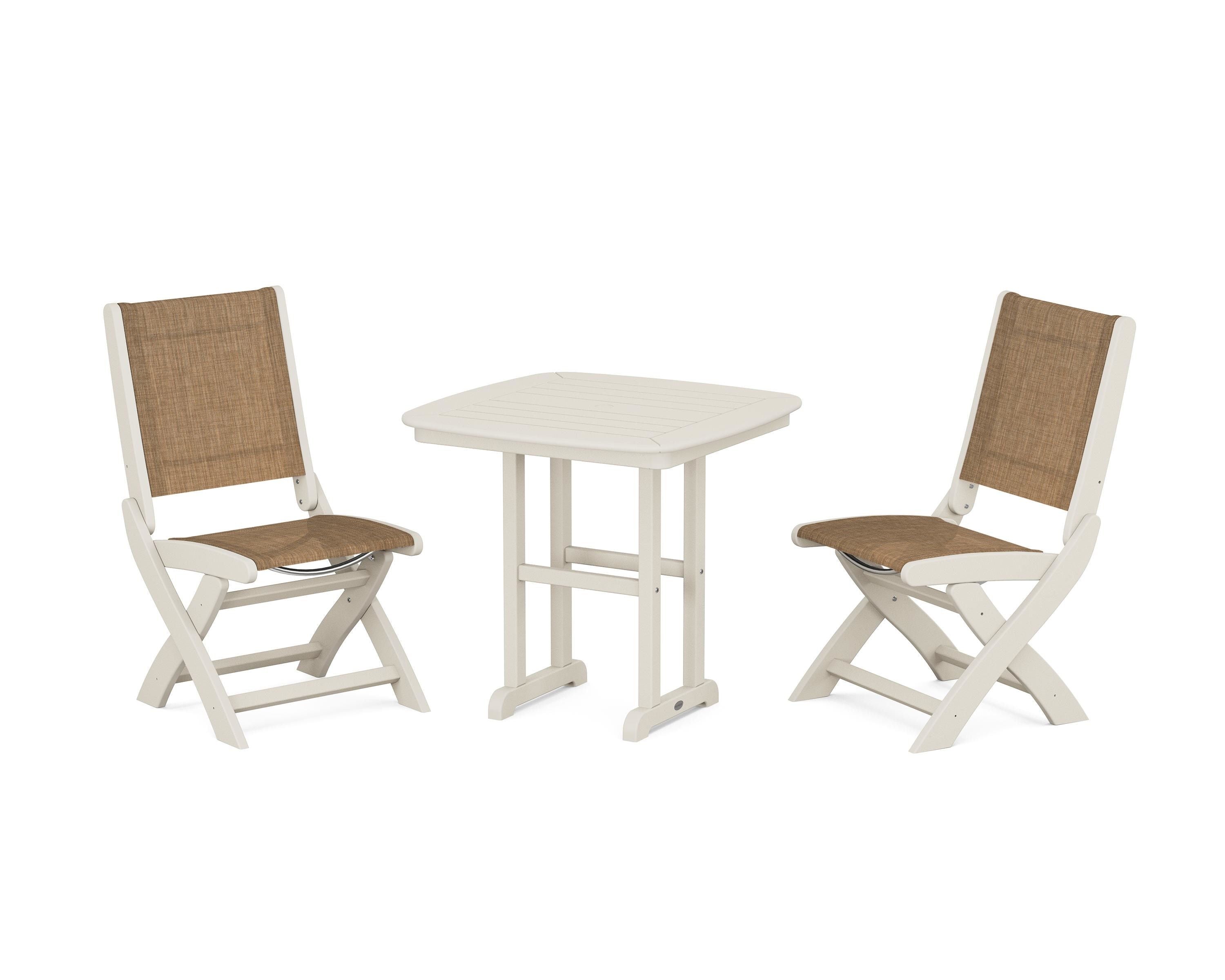 POLYWOOD® Coastal Folding Side Chair 3-Piece Dining Set in Sand / Burlap Sling
