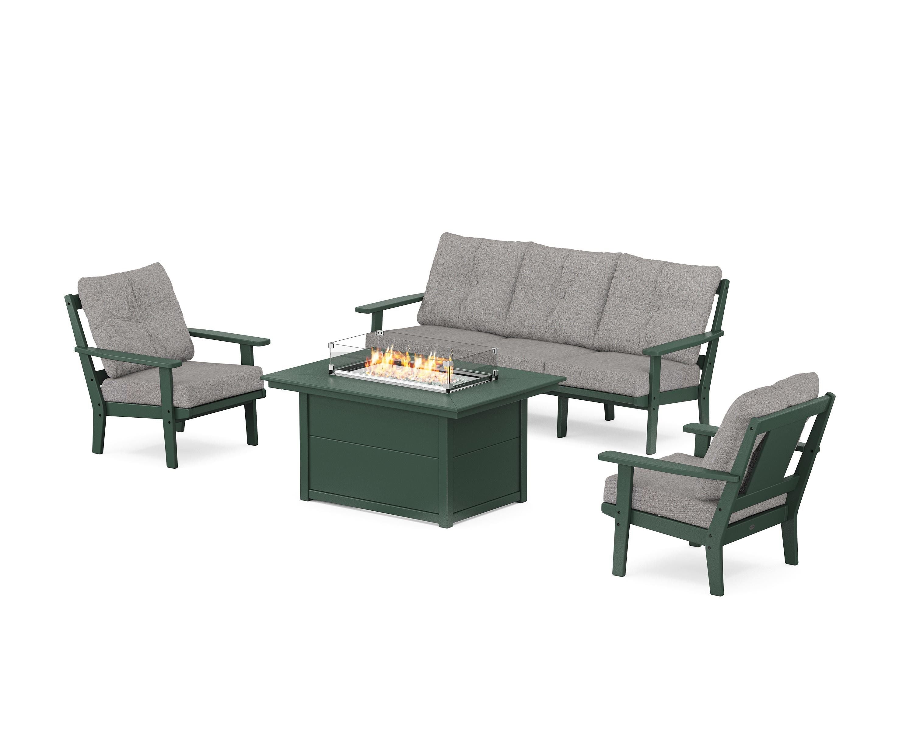 POLYWOOD® Prairie Deep Seating Fire Pit Table Set in Green / Grey Mist