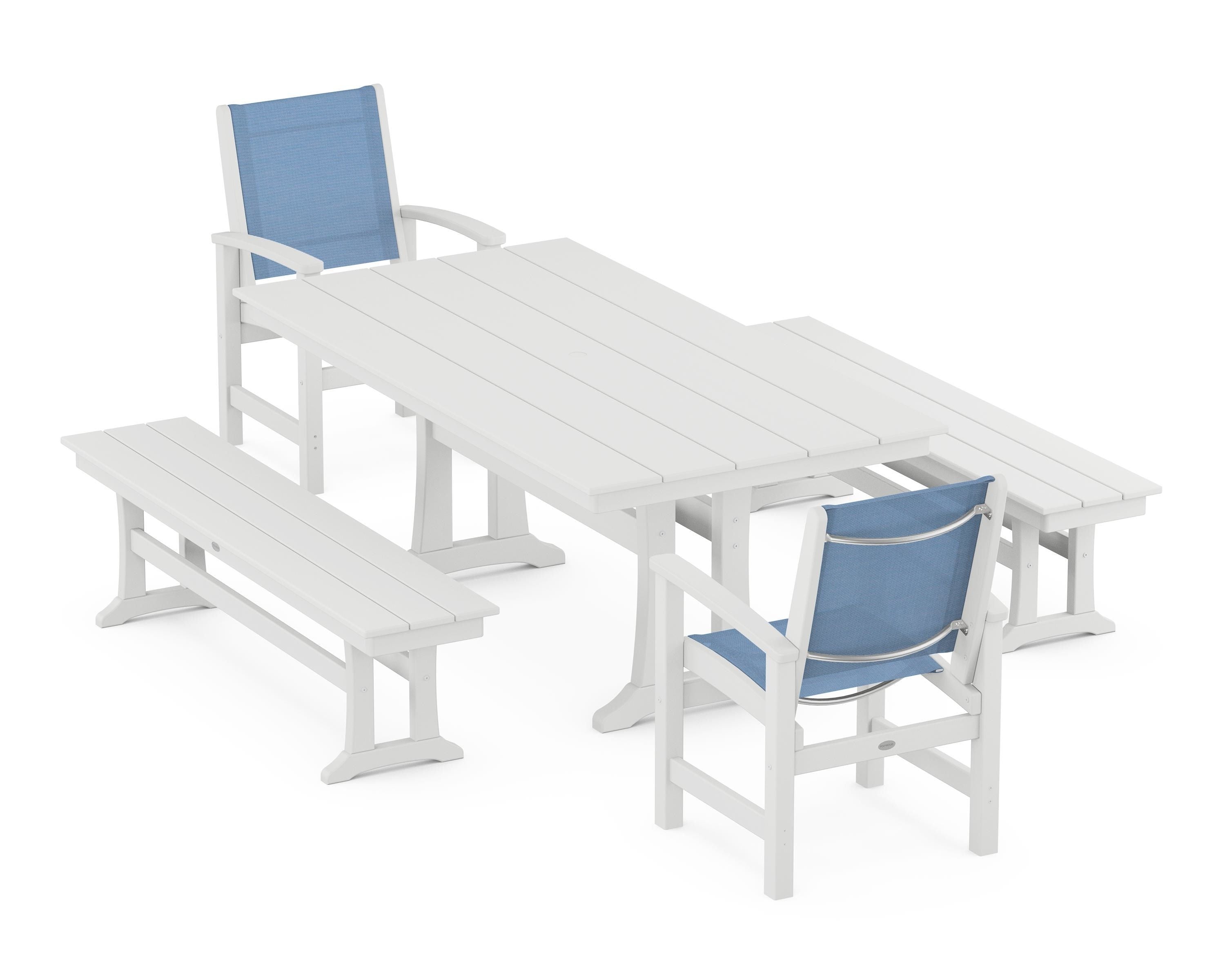 POLYWOOD® Coastal 5-Piece Farmhouse Dining Set with Trestle Legs and Benches in White / Poolside Sling