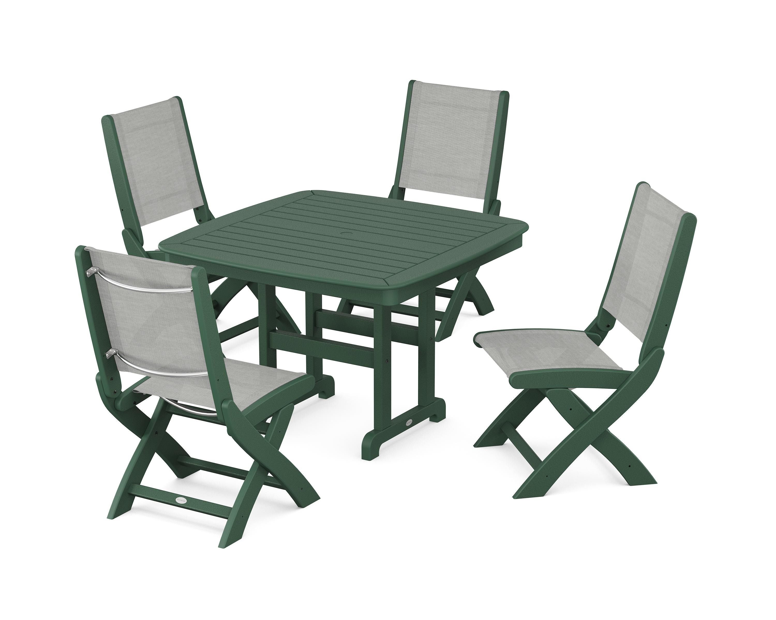 POLYWOOD® Coastal Folding Side Chair 5-Piece Dining Set in Green / Metallic Sling