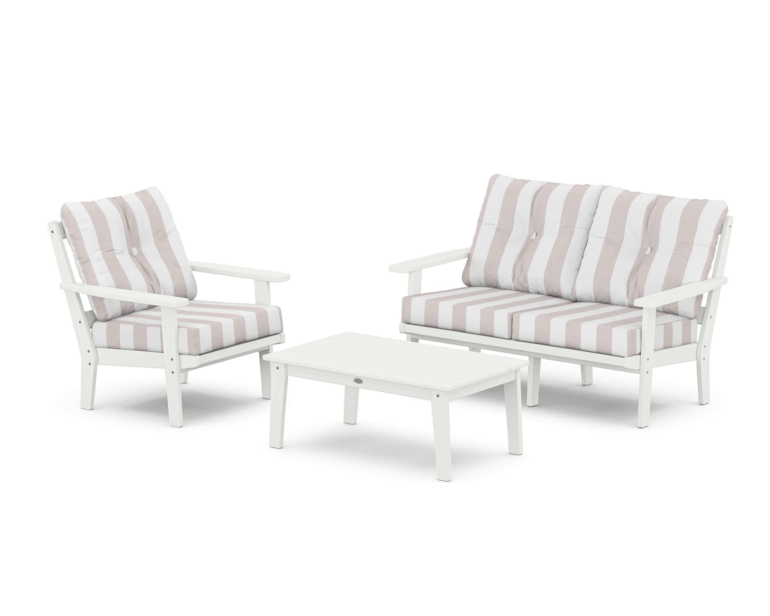 POLYWOOD® Prairie 3-Piece Deep Seating Set with Loveseat in White / Cabana Stripe Dune Burlap