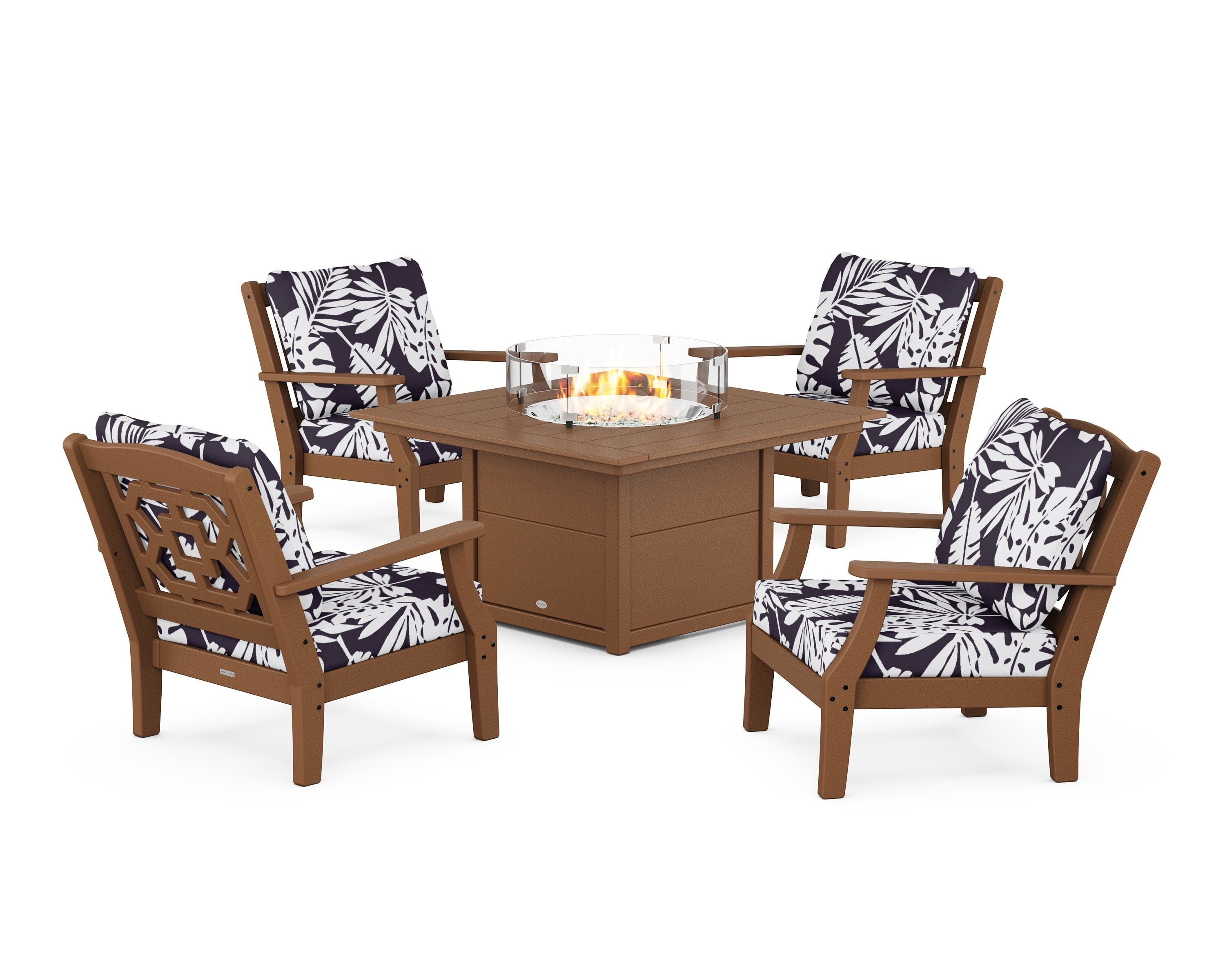 Martha Stewart by POLYWOOD® Chinoiserie 5-Piece Deep Seating Set with Fire Pit Table in Teak / Leaf Navy