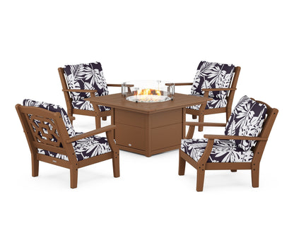 Martha Stewart by POLYWOOD® Chinoiserie 5-Piece Deep Seating Set with Fire Pit Table in Teak / Leaf Navy