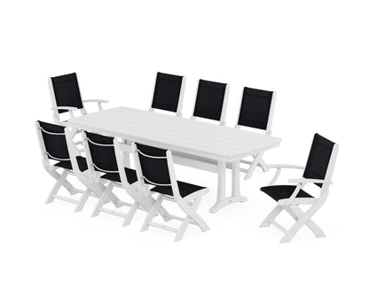 POLYWOOD® Coastal Folding 9-Piece Dining Set with Trestle Legs in White / Black Sling
