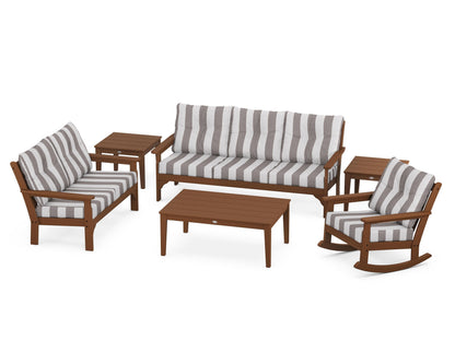 POLYWOOD® Vineyard 6-Piece Deep Seating Set in Teak / Cabana Stripe Grey Mist
