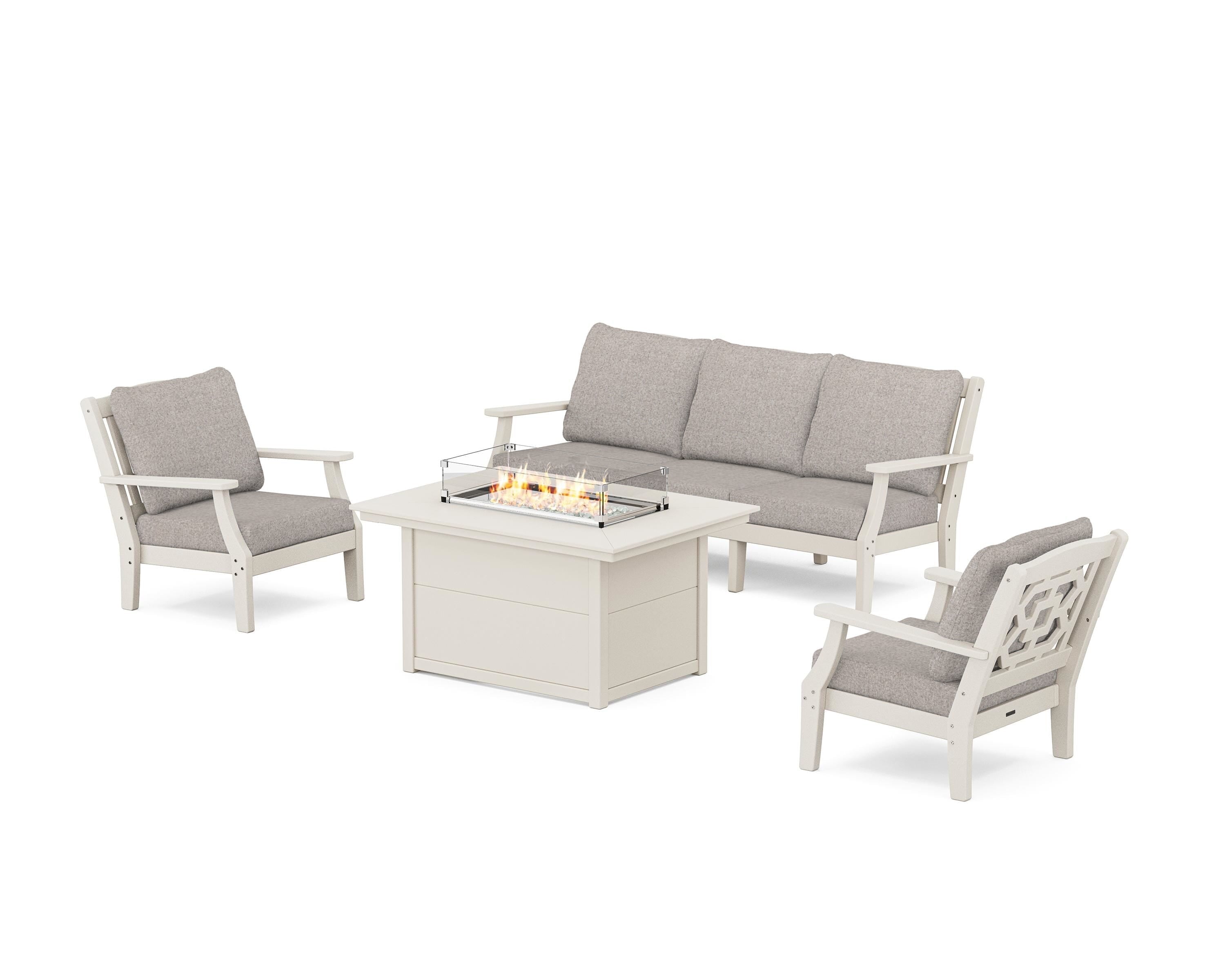 Martha Stewart by POLYWOOD® Chinoiserie Deep Seating Fire Pit Table Set in Sand / Weathered Tweed
