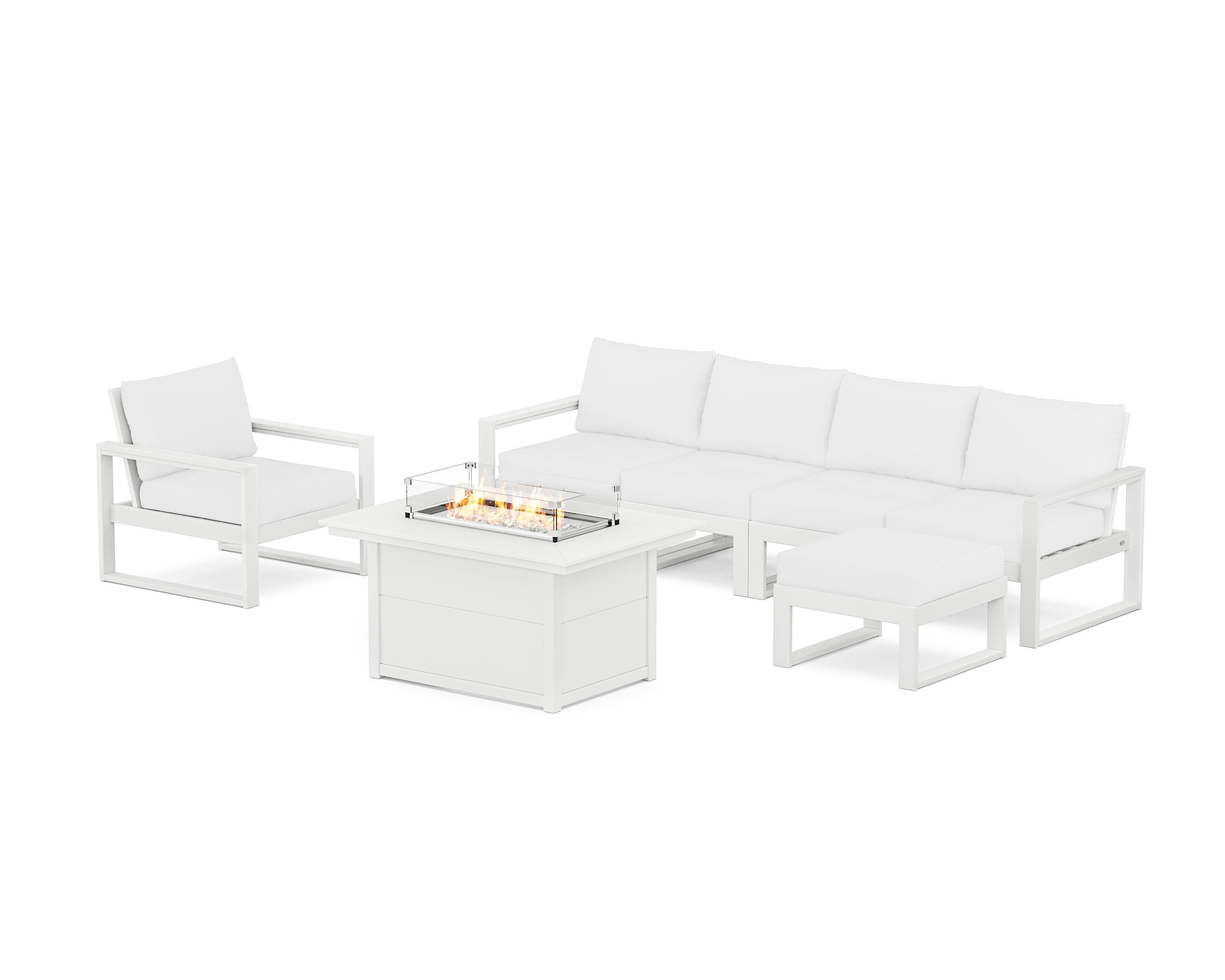 POLYWOOD® EDGE Sectional Lounge and Fire Pit Set in White / Natural