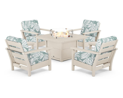 POLYWOOD® Harbour 5-Piece Conversation Set with Fire Pit Table in Sand / Leaf Glacier Spa