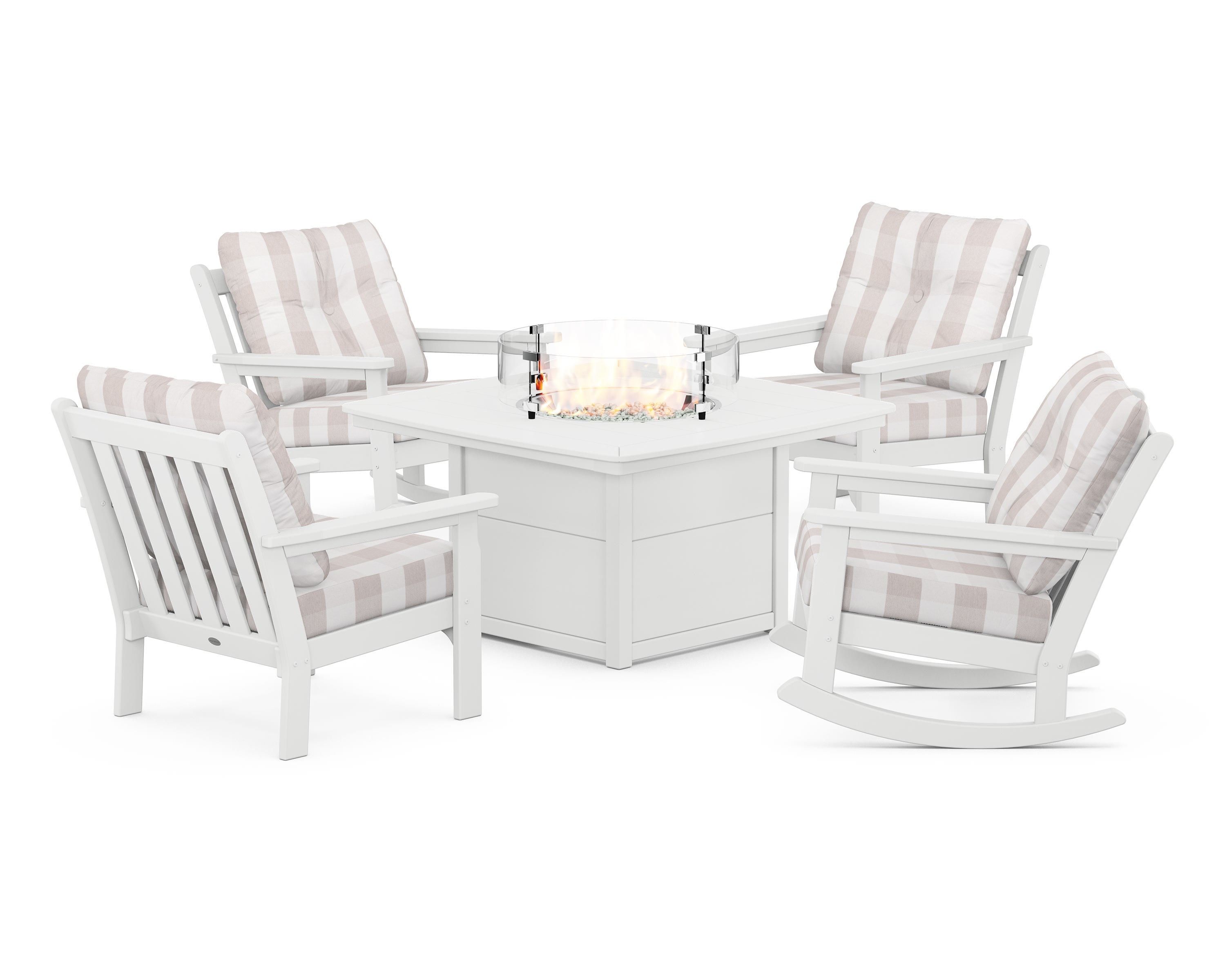 POLYWOOD® Vineyard 5-Piece Deep Seating Rocking Chair Conversation Set with Fire Pit Table in White / Buffalo Plaid Dune Burlap