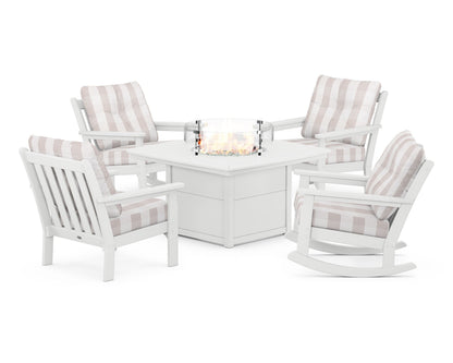 POLYWOOD® Vineyard 5-Piece Deep Seating Rocking Chair Conversation Set with Fire Pit Table in White / Buffalo Plaid Dune Burlap